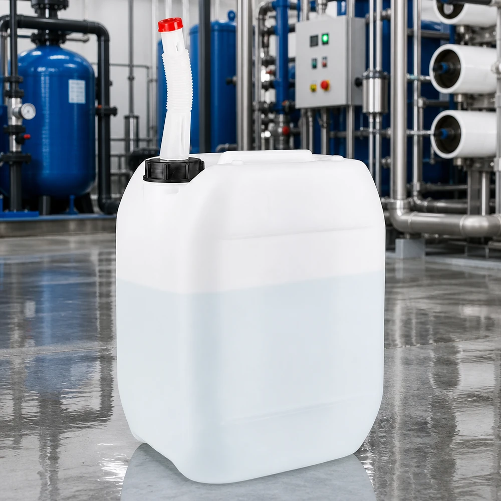 Bidon 10 litres avec tuyau d'écoulement Flex Bidon industriel robuste de 10 litres muni d'un tuyau de vidange flexible dans une station moderne de traitement de l'eau