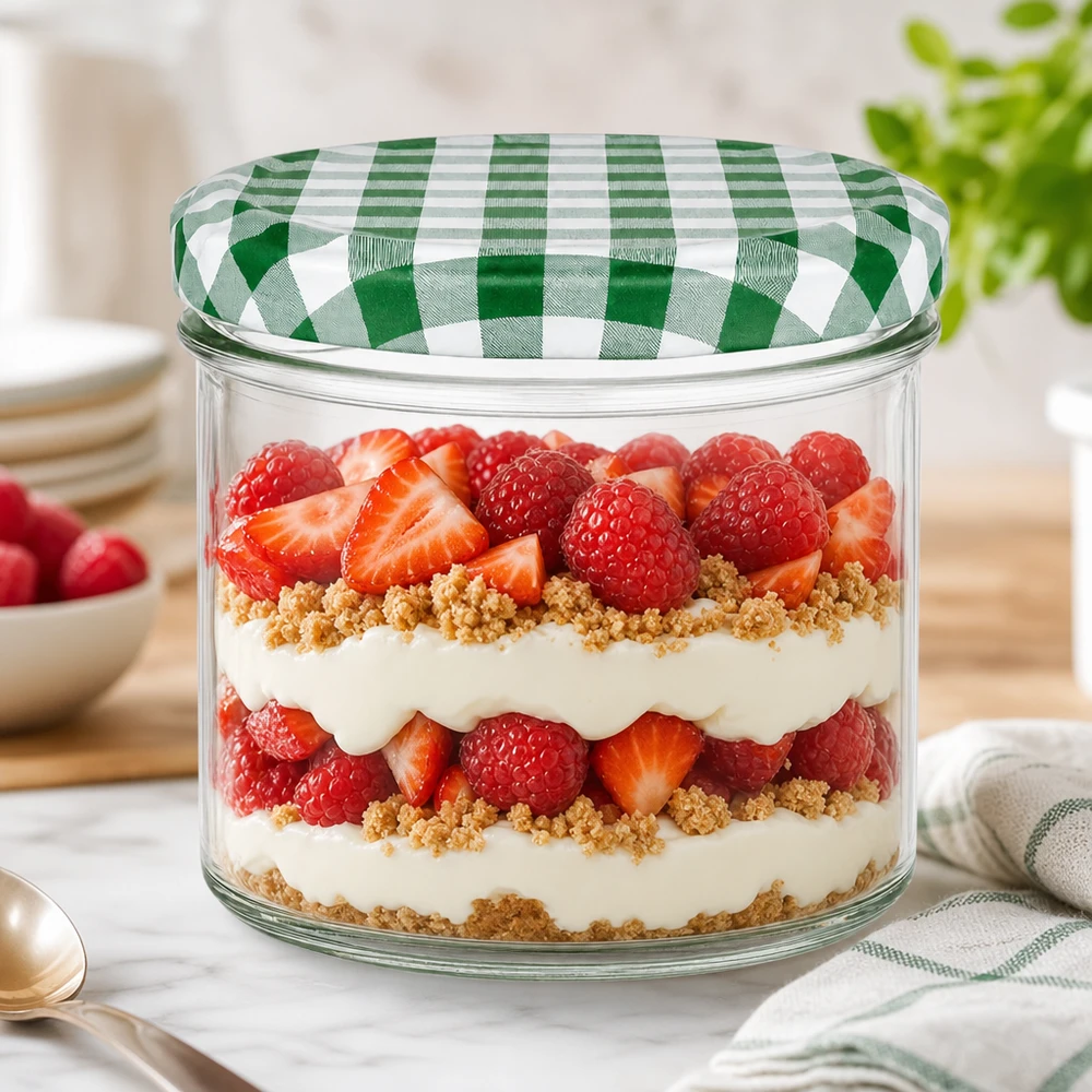 Verre renversé de 225 ml avec couvercle à carreaux vert et blanc pour des desserts en couches avec des baies et de la crème.