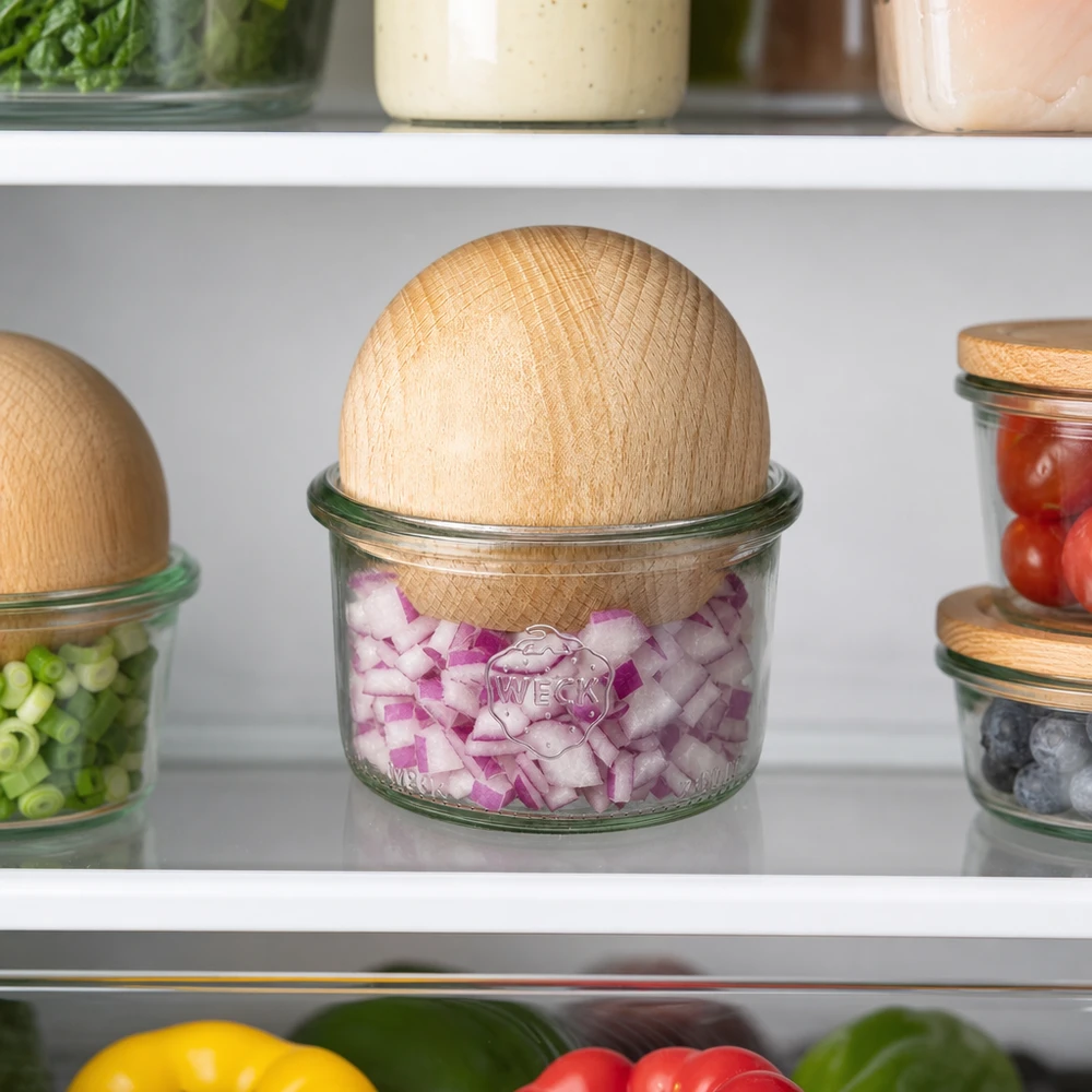 WECK Pot renversé 200ml RR80 avec boule en bois de hêtre dans le réfrigérateur pour la conservation au frais d'oignons hachés