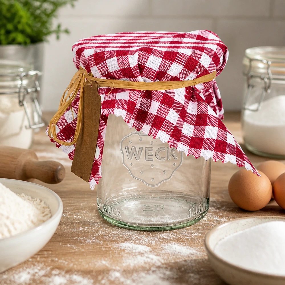 Couvercle en tissu à carreaux bordeaux 15cm sur un bocal de conservation dans la cuisine avec des œufs, de la farine et des ustensiles de cuisine comme accessoires de pâtisserie