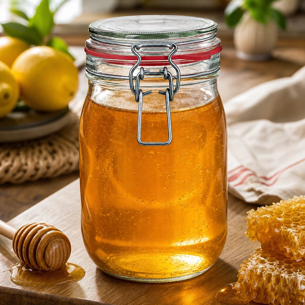 Pot à provisions de 1140 ml avec fermeture à étrier en verre de qualité supérieure pour le miel et la confiture