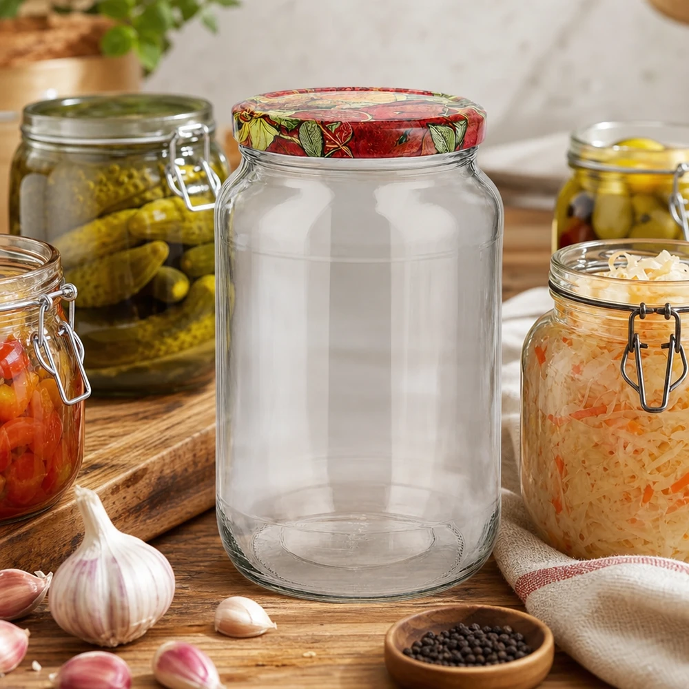 1062ml Verre rond avec couvercle BasicSeal décor fruits UNiTWIST 1062ml Bocal rond vide Scénario de cuisine BasicSeal Couvercle Décor de fruits entouré de bocaux Ail Poivre Planche en bois