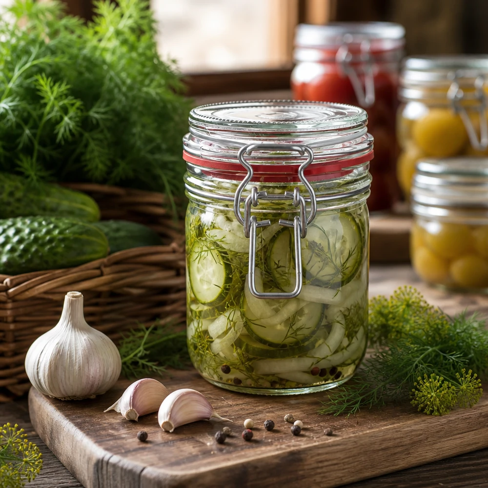 Bocal de conservation de 400 ml, type G, avec bouchon à clip UN.. Bocal de 400 ml avec fermeture à étrier, idéal pour la mise en conserve des cornichons et des légumes.