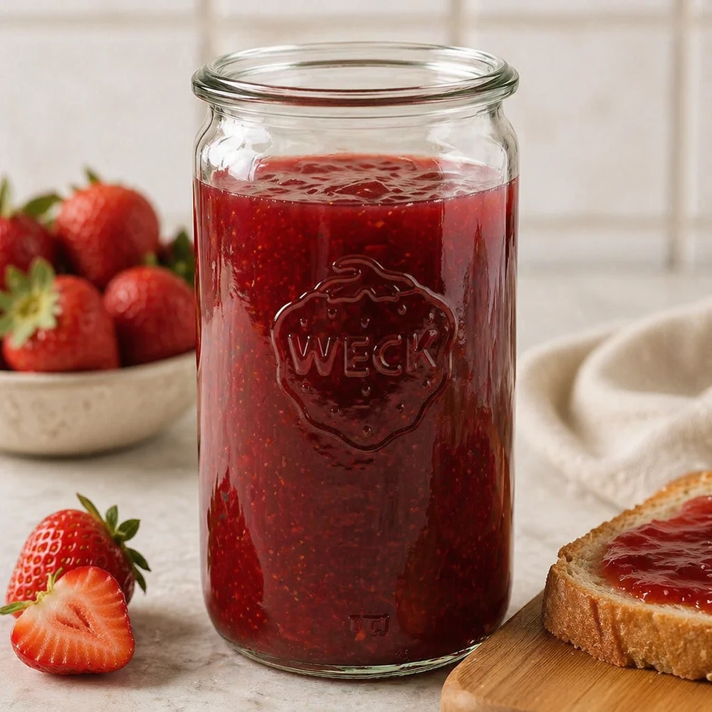 WECK 340ml pot cylindrique RR60 rempli de confiture de fraise montre une utilisation pratique comme pot de conservation dans la cuisine
