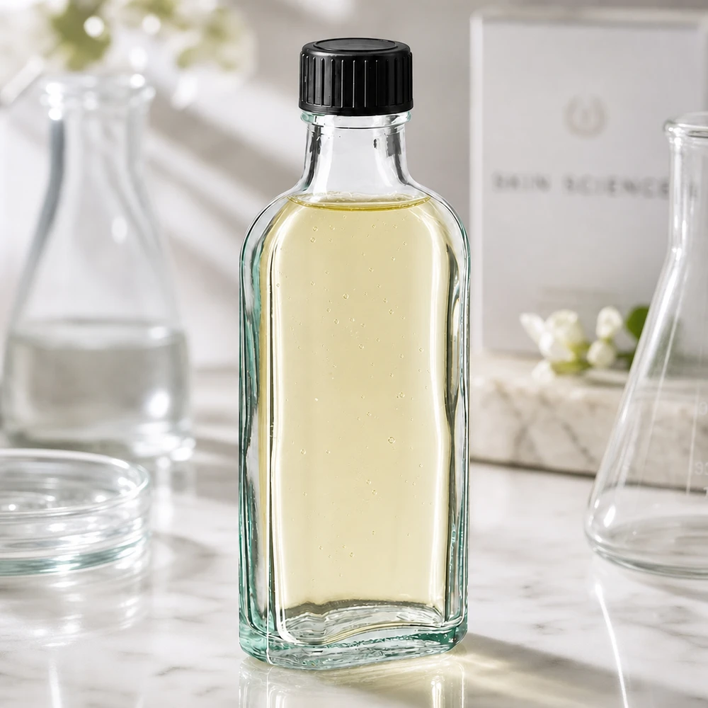 Flasque transparente de 100 ml au goulot DIN 22, avec bouchon à vis DIN 22 noir et joint PEE Flacon Meplat de 100 ml en verre transparent, rempli d'un liquide jaunâtre et muni d'un bouchon à vis noir