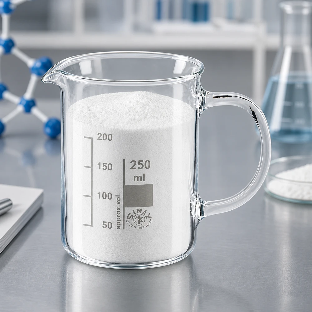 Bécher avec poignée 250ml en verre borosilicate résistant à la chaleur (forme normale) Bécher de 250 ml en verre borosilicaté avec anse, rempli de poudre blanche, dans un laboratoire