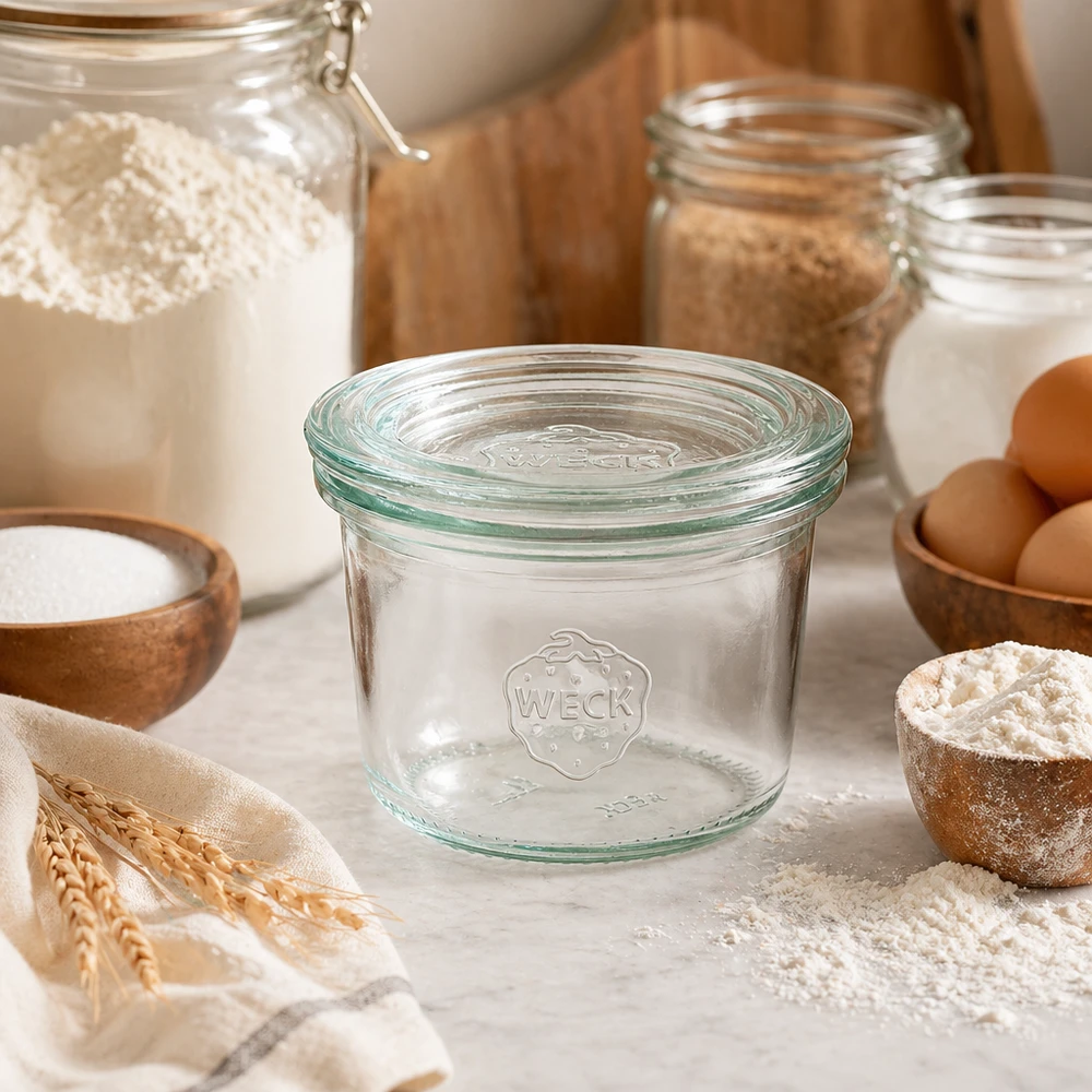 Bocal en verre de 80 ml avec couvercle en verre WECK RR60 WECK Pot renversé 80ml RR60 dans la cuisine avec des ingrédients de boulangerie farine œufs et céréales pour la conservation et la mise en conserve