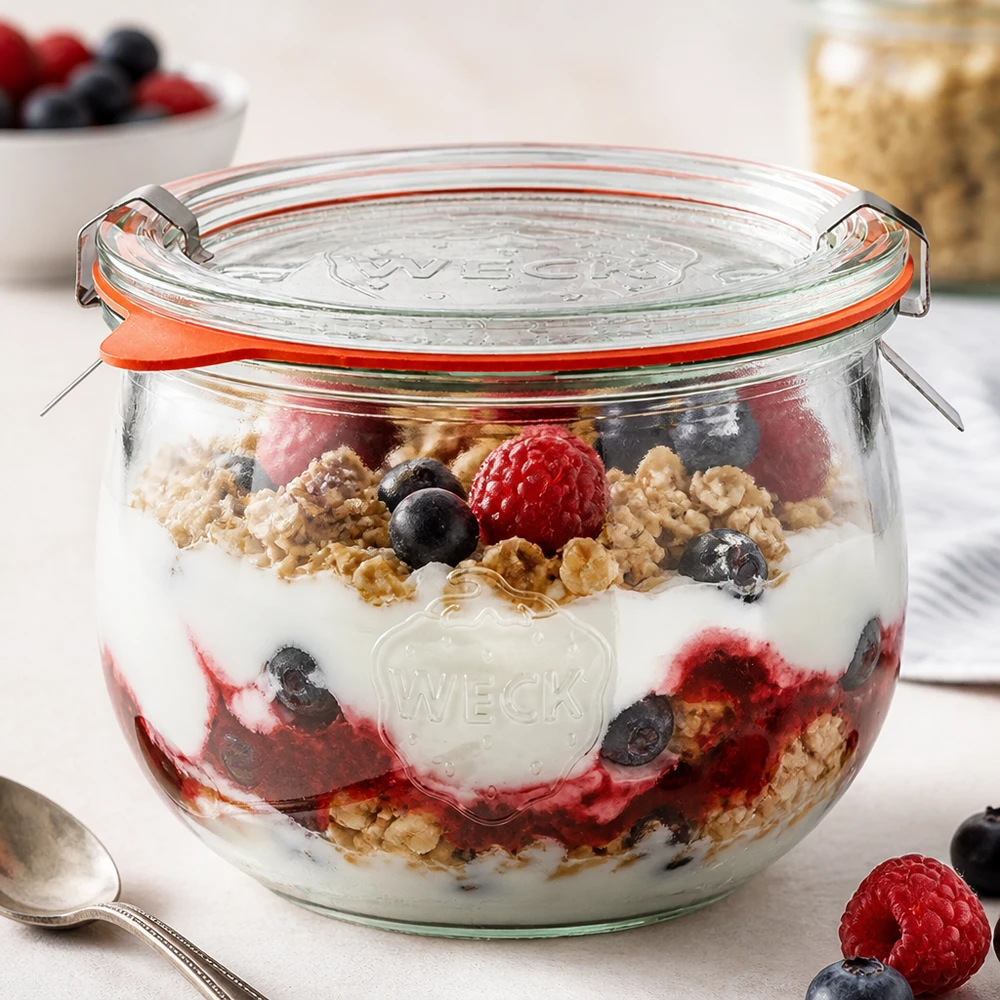 580ml bocal tulipe complet WECK RR100 WECK Verre tulipe 580ml RR100 comme verre parfait avec yaourt, baies et granola, parfait pour les desserts et le petit déjeuner
