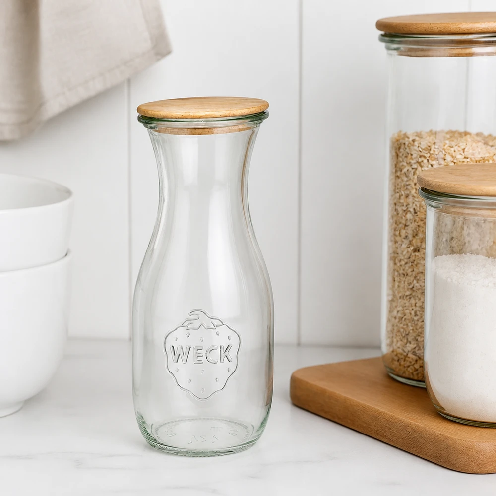 WECK Bouteille en verre 530ml RR60 vide avec couvercle en bois sur plan de travail blanc à côté de bocaux à provisions empilés scandinave