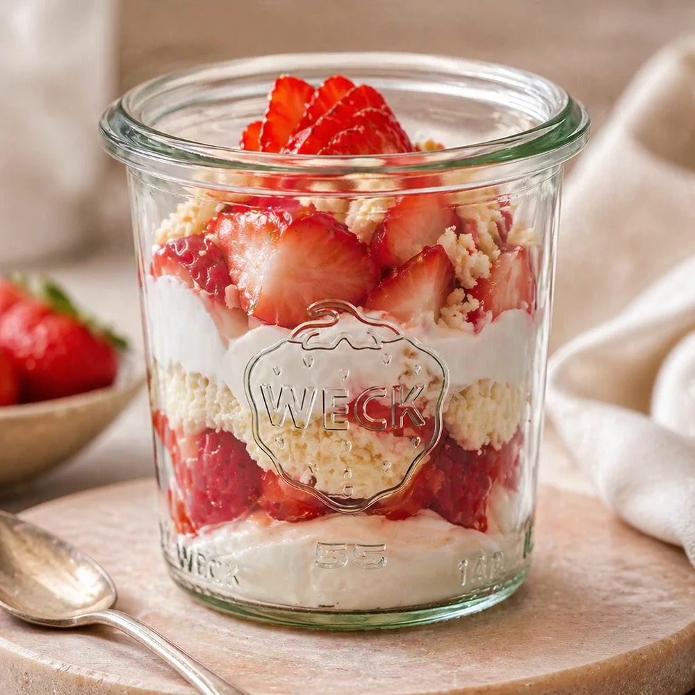 140ml bocal conique WECK RR60 WECK RR60 Verre renversé 140ml rempli de dessert à la fraise sur planche en bois avec cuillère