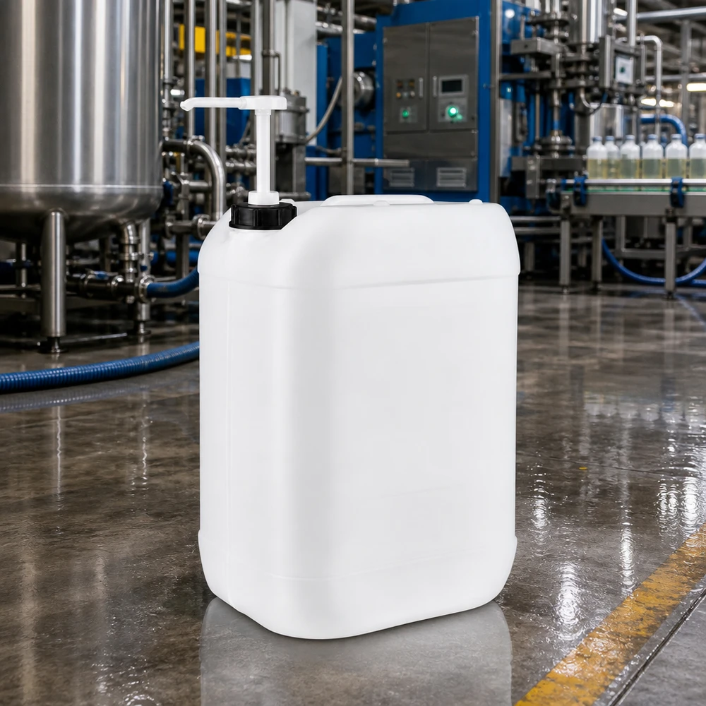 Bidon industriel de 25 litres muni d'une pompe doseuse, posé sur le sol en béton brillant d'un hall de production