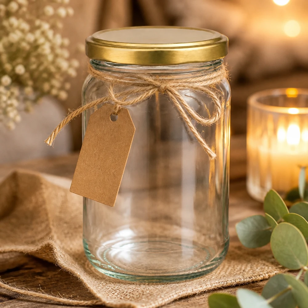 305ml Verre rond avec couvercle BasicSeal or UNiTWIST Verre rond de 305 ml avec couvercle doré décoratif avec pendentif en papier kraft et ficelle de jute comme emballage cadeau