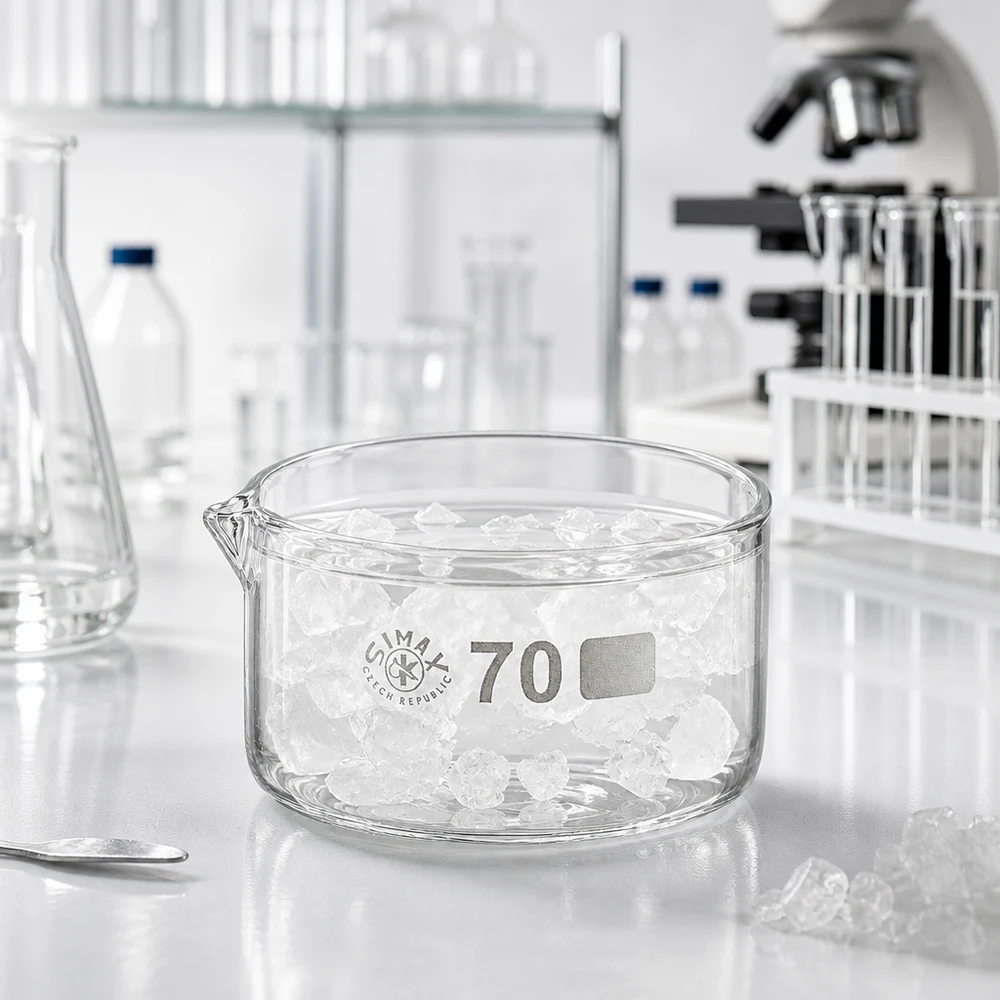 Coupelle de cristallisation 100 ml avec bec verseur Récipients plats en verre de 100 ml remplis de cristaux, dans un laboratoire sur un plan de travail blanc