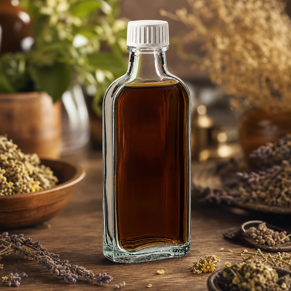 Flacon Meplat transparent de 100 ml avec bouchon blanc, posé parmi des herbes séchées sur du bois