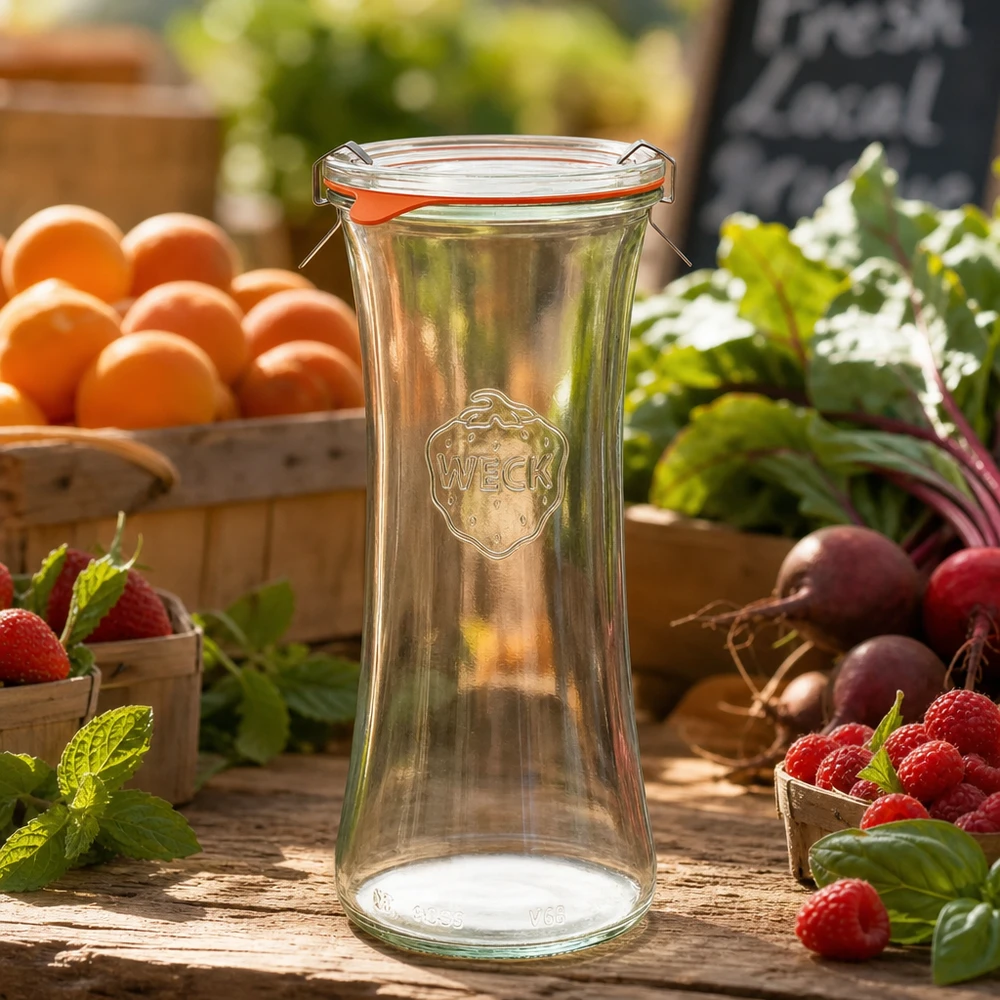 700ml bocal à gourmandises complet WECK RR80 WECK Delikatessenglas 700ml RR80 leer auf Holztisch mit frischen Beeren, Orangen und Gemüse in natürlicher Gartenszene