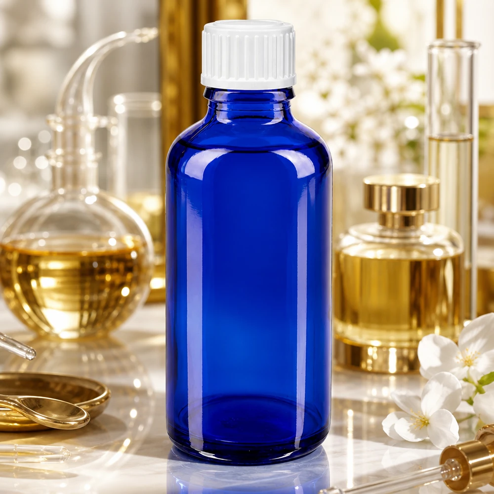 Flacon de pharmacie bleu 50ml bouchon vissable blanc standard Flacon en verre bleu de 50 ml muni d'un bouchon à vis blanc, au milieu d'instruments de laboratoire dorés