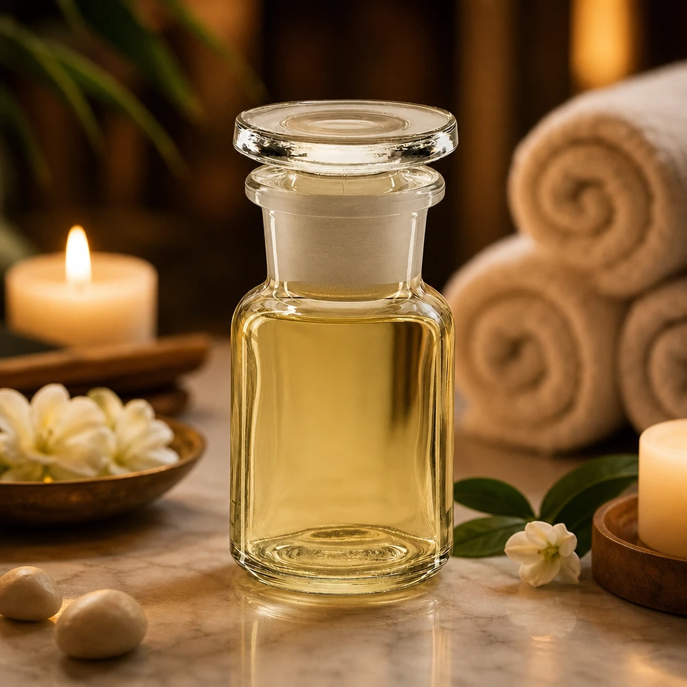 Flacon en verre transparent de 50 ml à col large et bouchon, dans une ambiance spa détendue avec des bougies