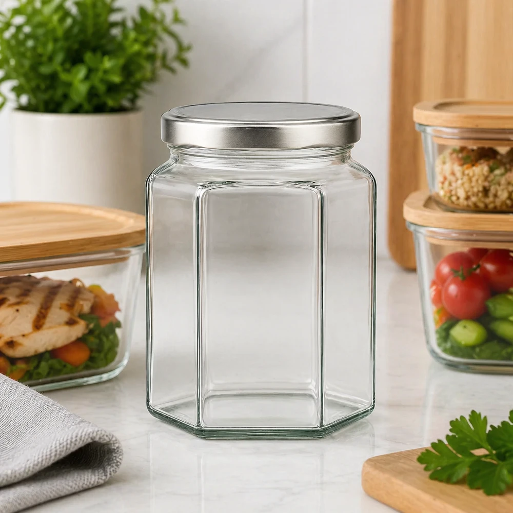Verre hexagonal de 288 ml avec couvercle argenté disposé dans la cuisine entre les récipients Meal-Prep et les bocaux à provisions