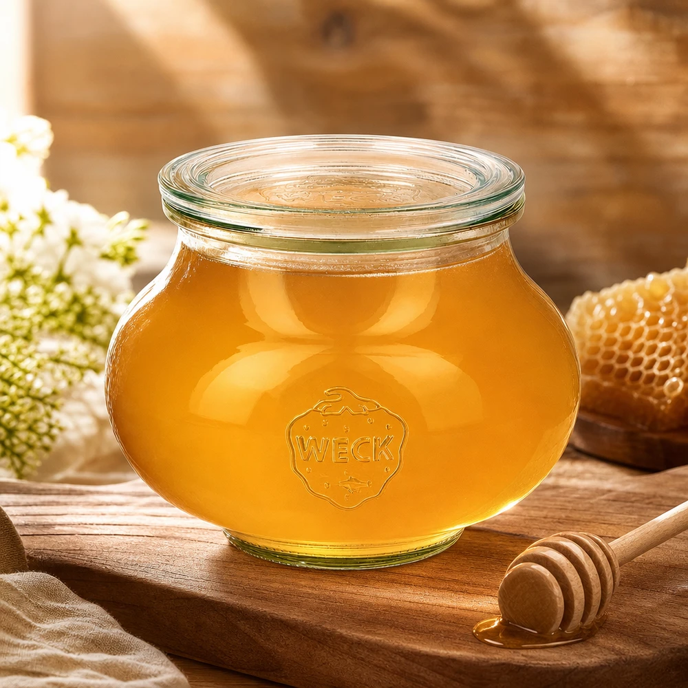 Bocal décoratif de 560 ml avec couvercle en verre WECK RR80 WECK Pot à bijoux 560ml RR80 rempli de miel à côté de la cuillère à miel Nid d'abeille et fleurs blanches sur planche en bois