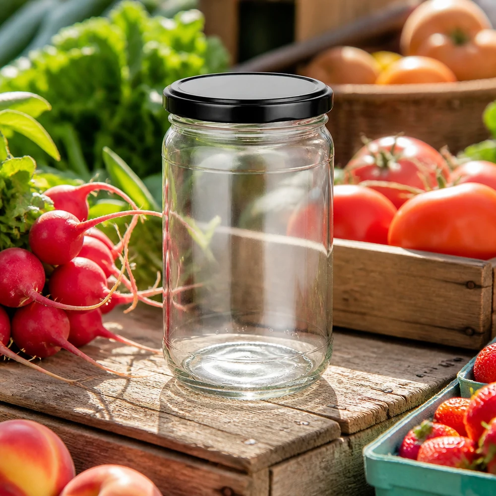 305ml Verre rond avec couvercle BasicSeal noir UNiTWIST Verre rond vide de 305 ml avec couvercle noir UNiTWIST entre des légumes frais sur une table en bois rustique