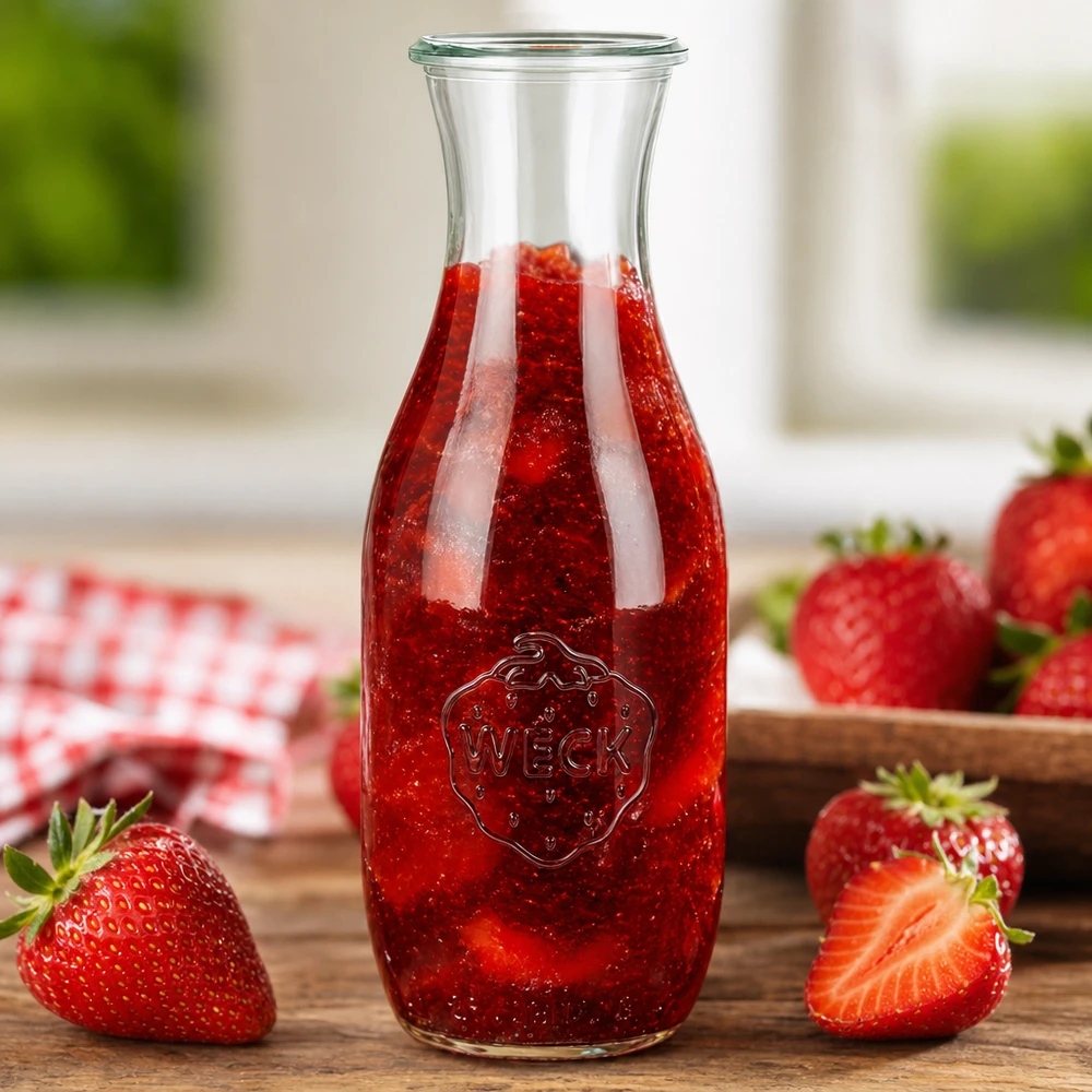 Bouteille à jus WECK RR60 de 1 062 ml WECK Bouteille de jus 1062ml RR60 remplie de jus de fraise rouge entourée de fraises fraîches sur fond en bois
