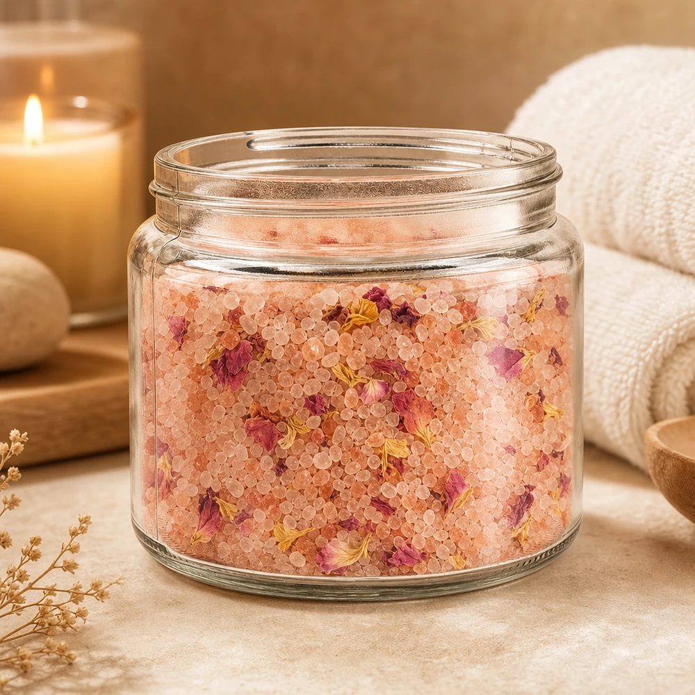 Pot en verre 250ml décoré dans un environnement naturel de spa avec des sels de bain, des fleurs, des bougies et une serviette
