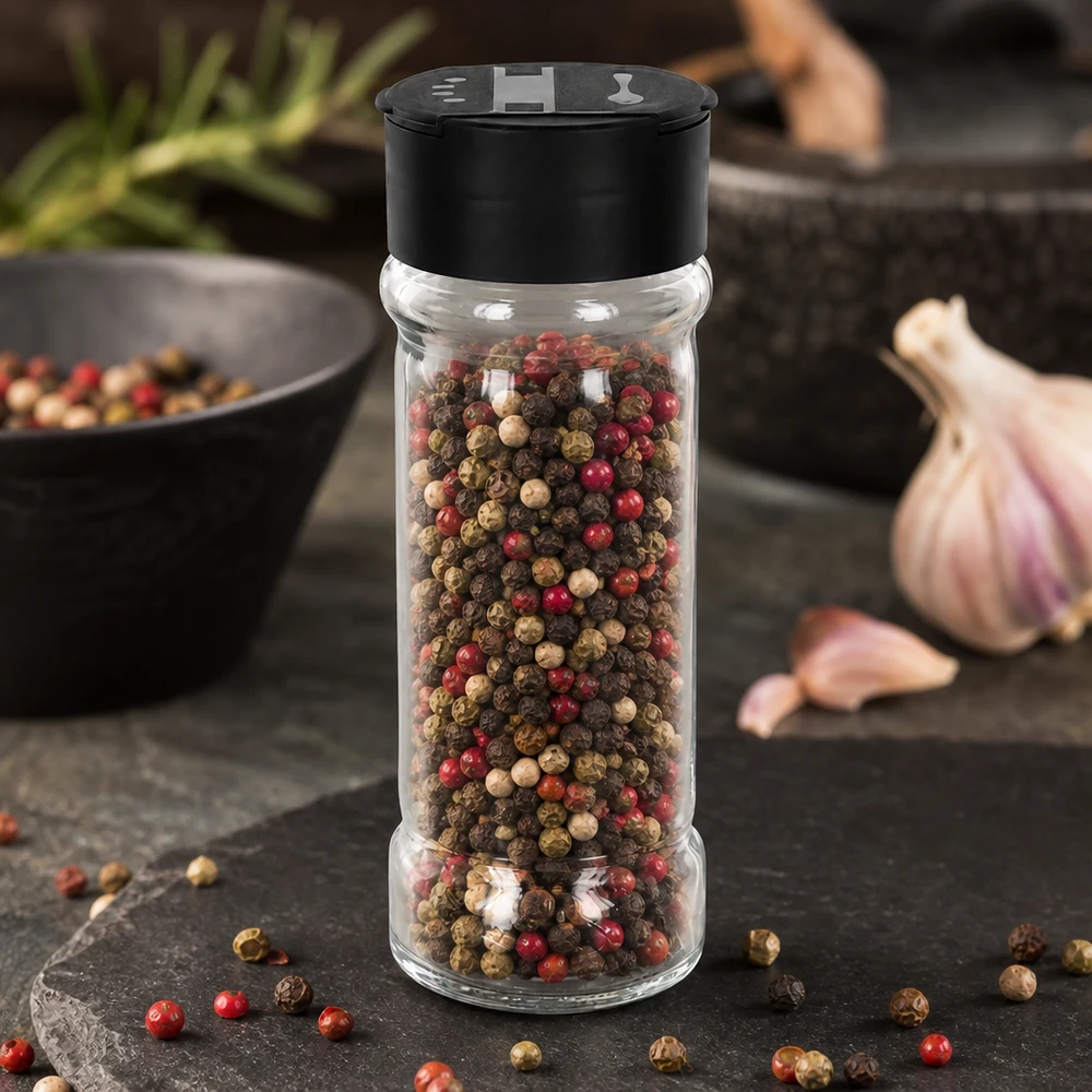 Salière en verre de 100 ml remplie de grains de poivre multicolores et dotée d'un double couvercle noir