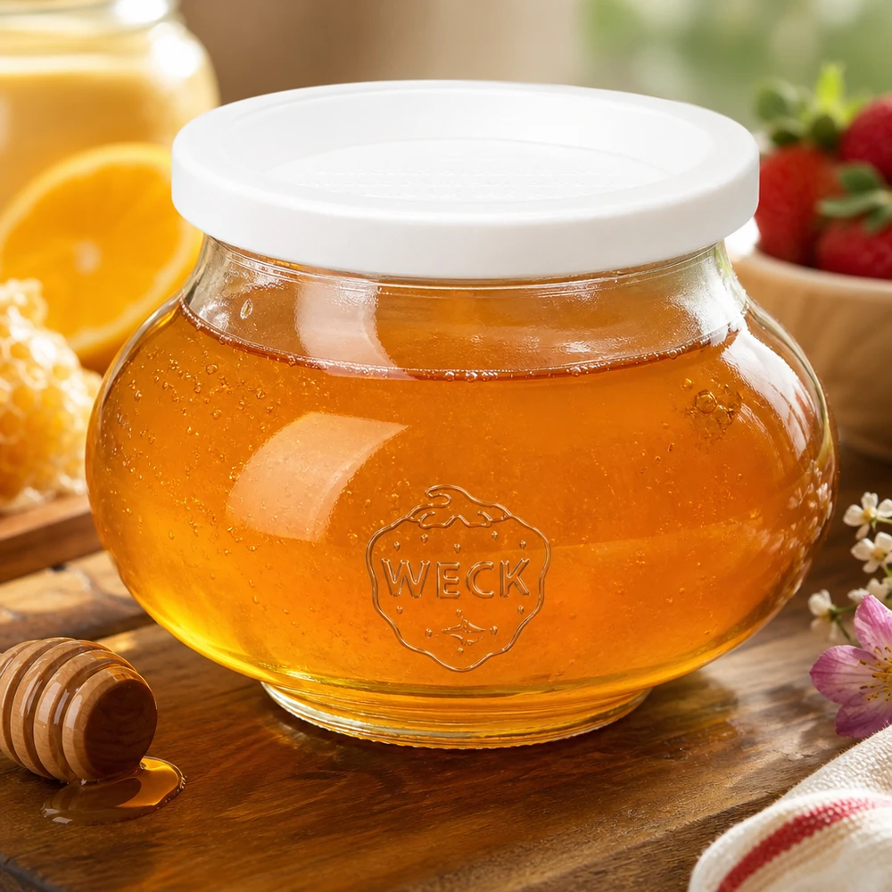WECK Pot de miel 560ml RR80 rempli de miel et cuillère à miel sur planche de bois rustique avec tranches d'orange