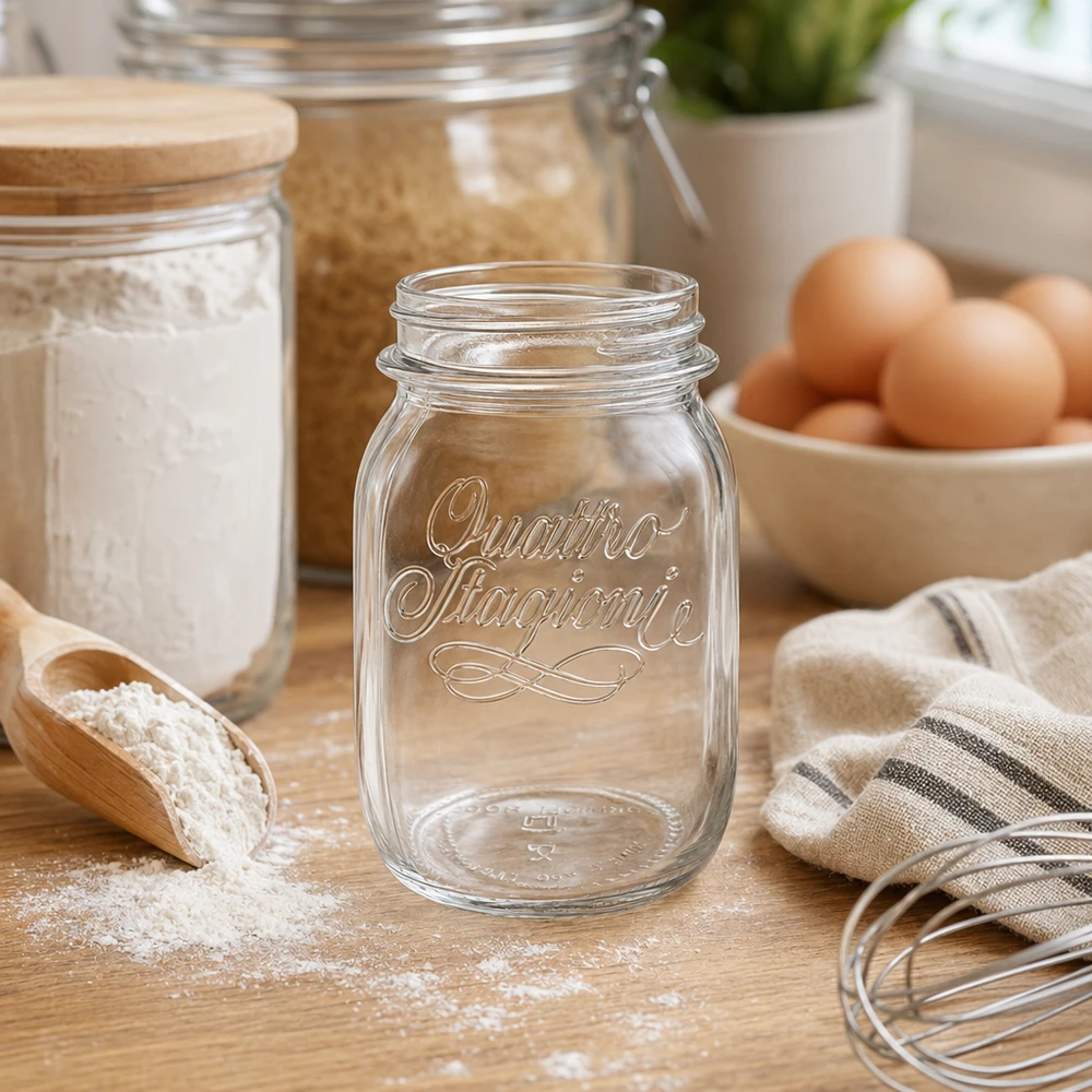 500ml Verre rond "Quattro Stagioni" QS70mm 500ml Quattro Stagioni Verre de ménage en verre sur table en bois avec ustensiles de cuisine œufs et farine en arrière-plan