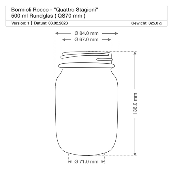 Verre rond 500ml « Quattro Stagioni » avec couvercle Dessin technique 500ml Quattro Stagioni Verre rond avec dimensions Diamètre 84mm Hauteur 136mm Bormioli Rocco