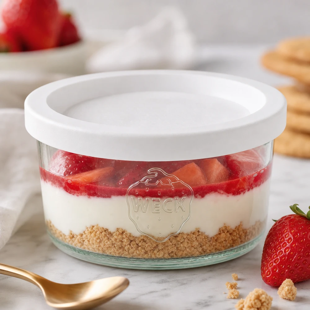 WECK 165ml verre renversé RR80 comme coupe à dessert avec fraises et fond de biscuit à côté de cuillères dorées sur marbre