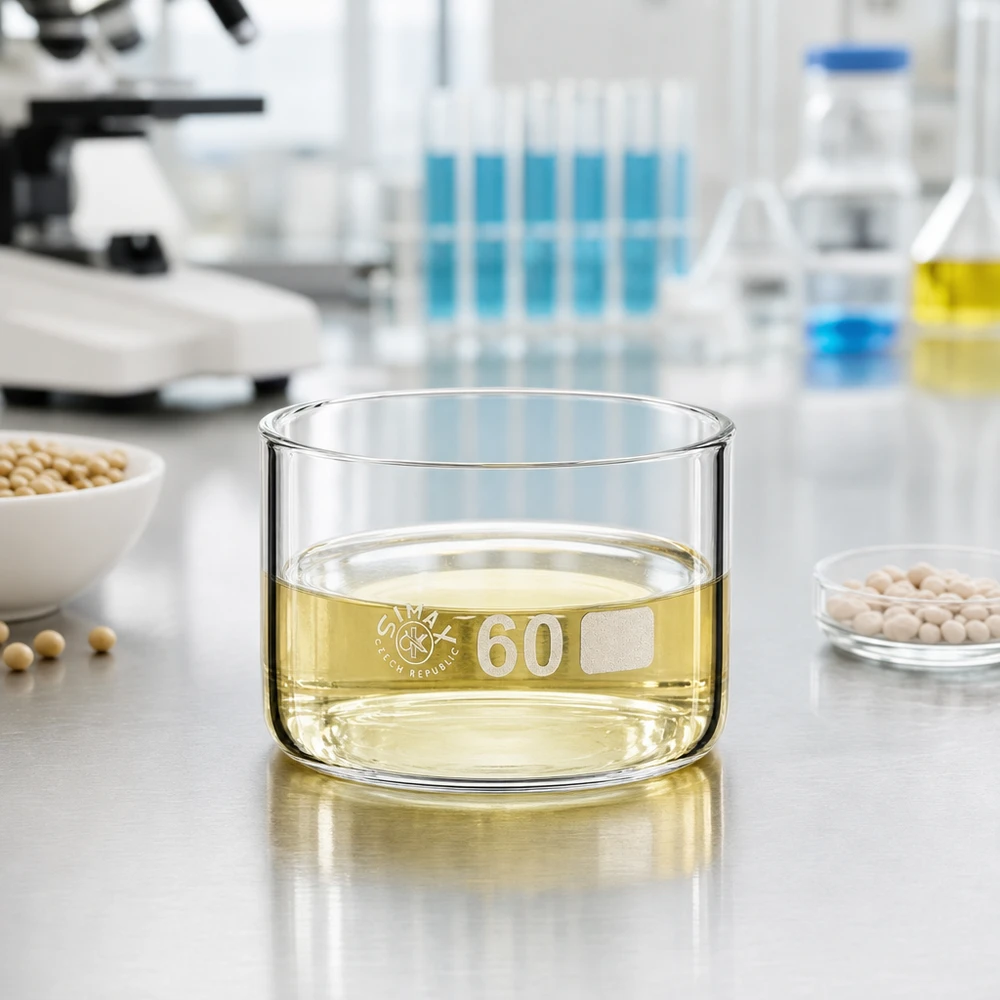 Coupelle de cristallisation 60 ml sans bec verseur Coupelle de cristallisation de 60 ml contenant une solution jaunâtre, dans un laboratoire de recherche, à côté d'extraits de soja