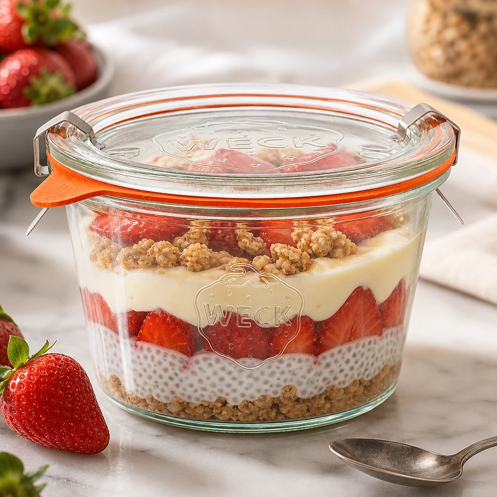 WECK Pot renversé 370ml RR100 avec dessert à base de pudding au chia et de fraises montre une utilisation polyvalente comme pot à portions