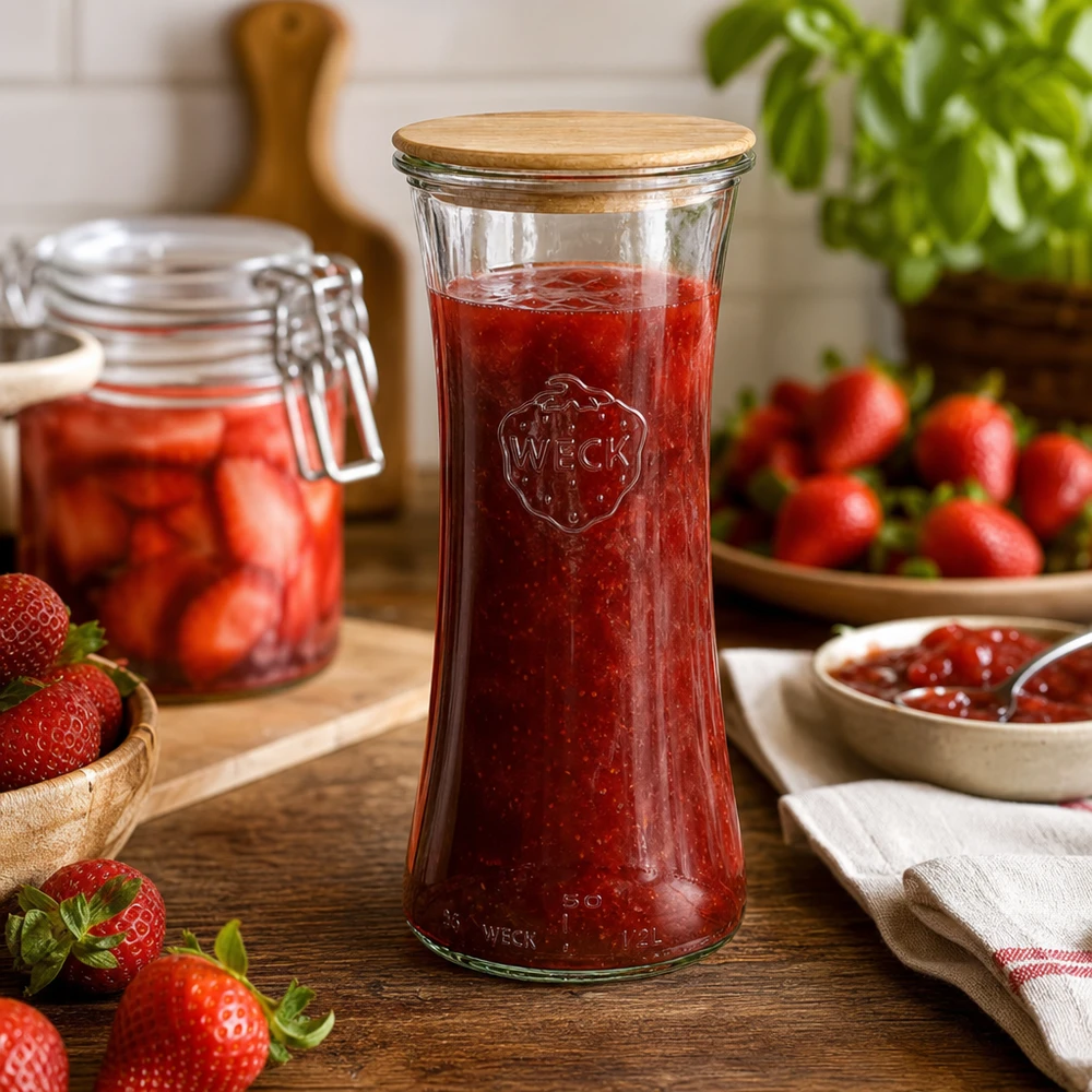700ml bocal à gourmandises WECK RR80 avec couvercle en bois WECK Bocal en verre 700ml avec couvercle en bambou rempli de confiture de fraise Scène de cuisine Conservation des aliments