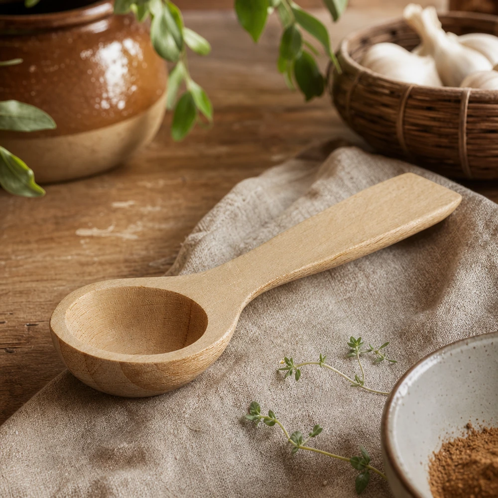 Petite pelle en bois en forme de cuillère sur toile décorée d'herbes aromatiques scène de cuisine rustique bois de hêtre 7,7cm