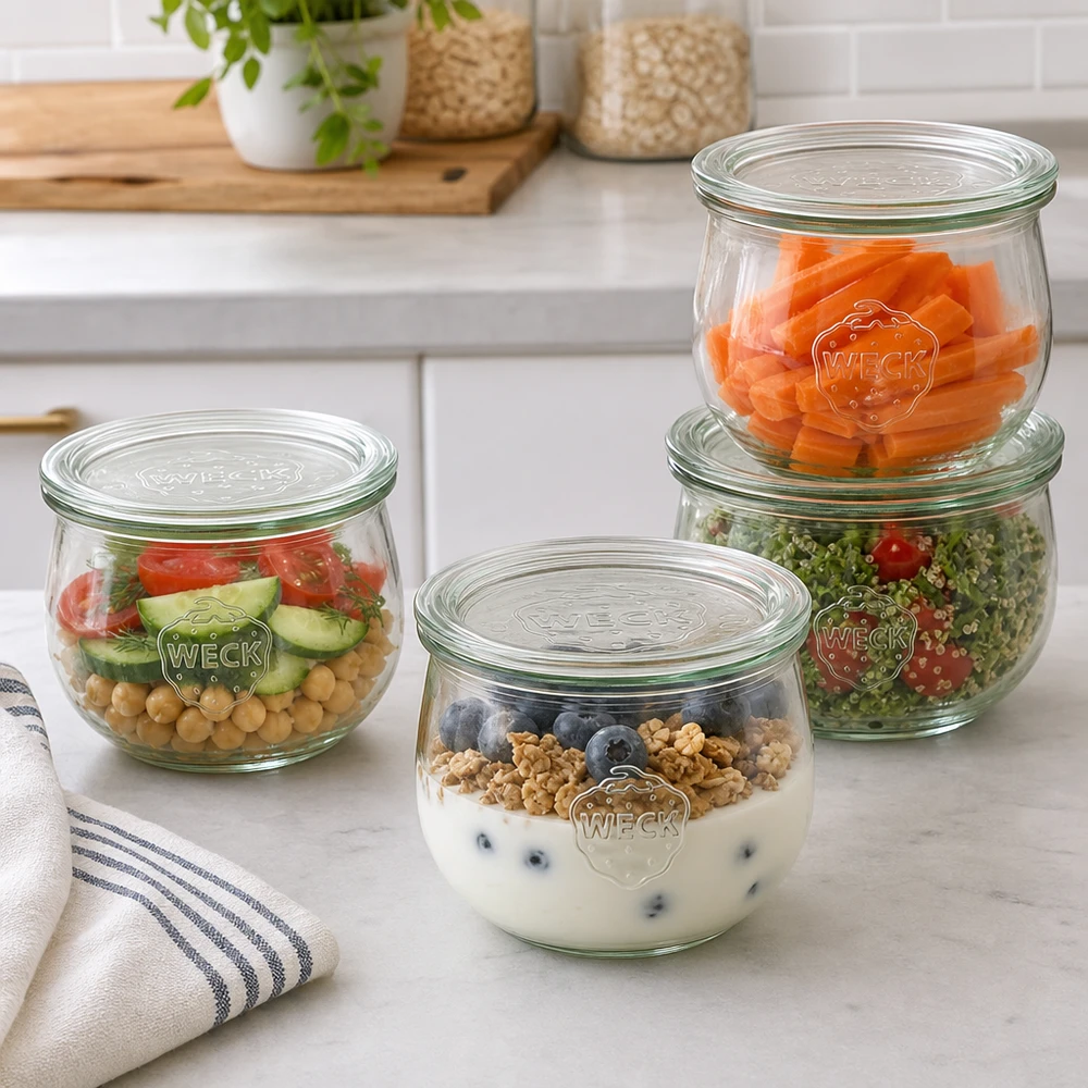 580ml bocal tulipe avec bouchon en verre WECK RR100 WECK Pots tulipes 580ml RR100 comme récipients pratiques Meal Prep avec salade yaourt et légumes dans la cuisine moderne