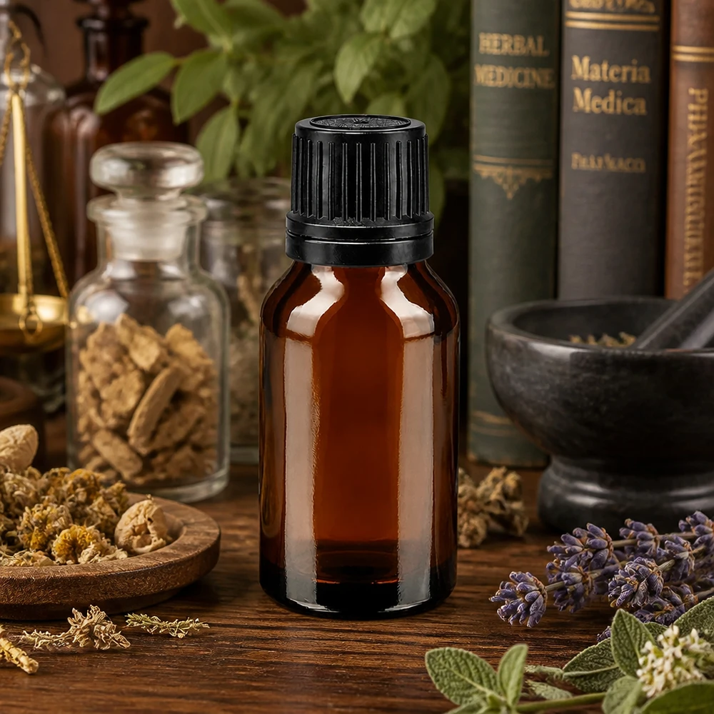 Flacon de pharmacie marron de 15 ml avec bouchon à vis, posé entre des herbes médicinales (lavande) et des ouvrages de matière médicale