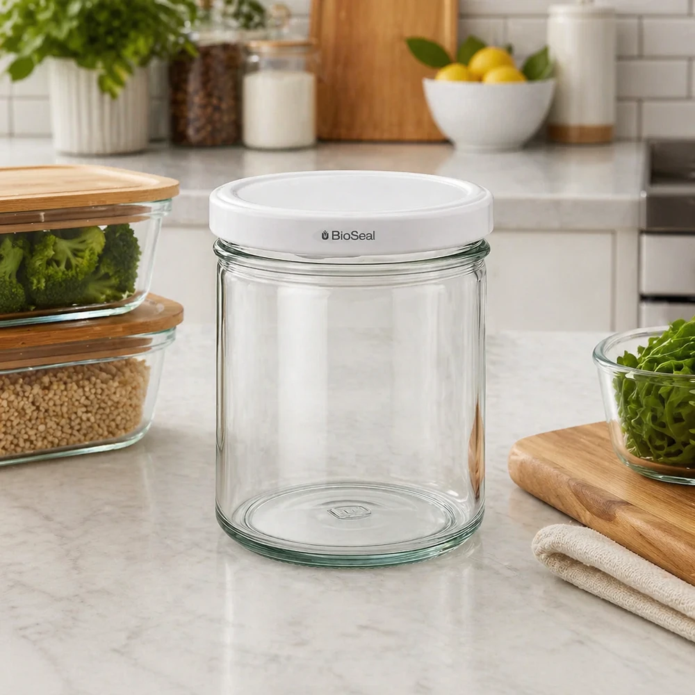 167ml Verre conique avec couvercle BioSeal blanc UNiTWIST UNiTWIST Bocal à provisions 167ml vide sur plan de travail de cuisine avec couvercle blanc TO66 BioSeal Conteneur en verre Rangement