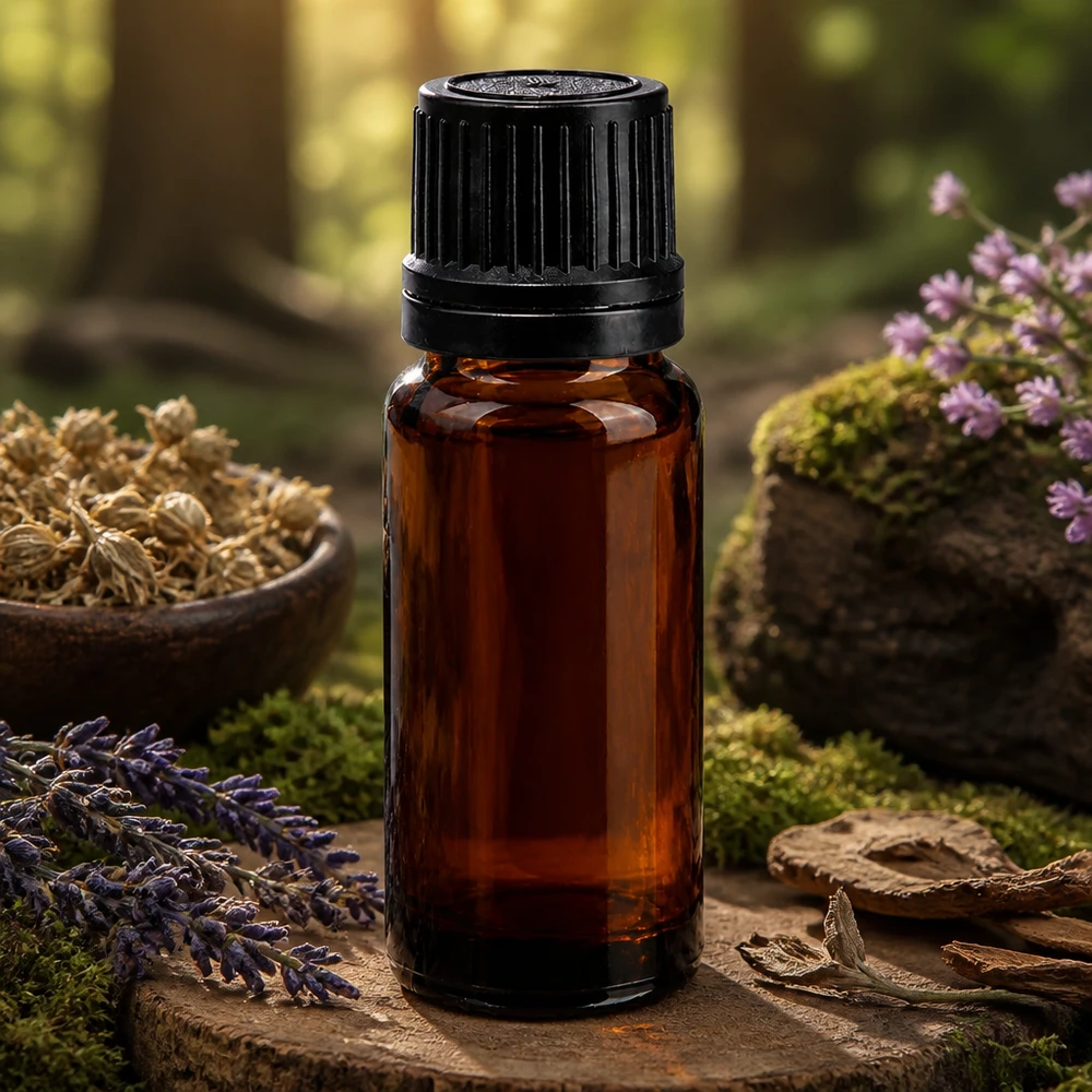 Flacon à pharmacie marron 10ml bouchon goutte à goutte 1mm noir bouchon d'inviolabilité Flacon compte-gouttes brun de 10 ml en verre de pharmacie, muni d'un bouchon OV noir, au milieu d'herbes sauvages