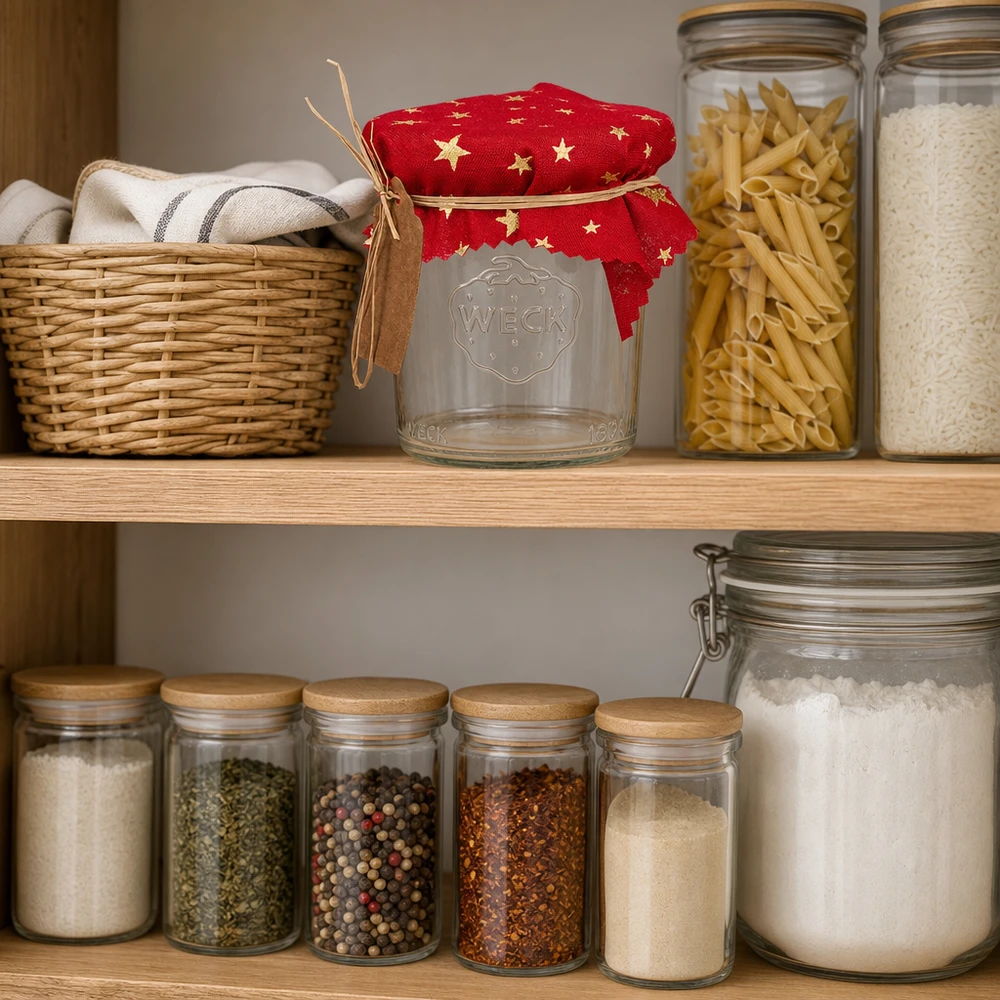Couvercle décoratif rouge étoilé 12cm carré sur bocal WECK dans cuisine à provisions organisée avec épices et pâtes
