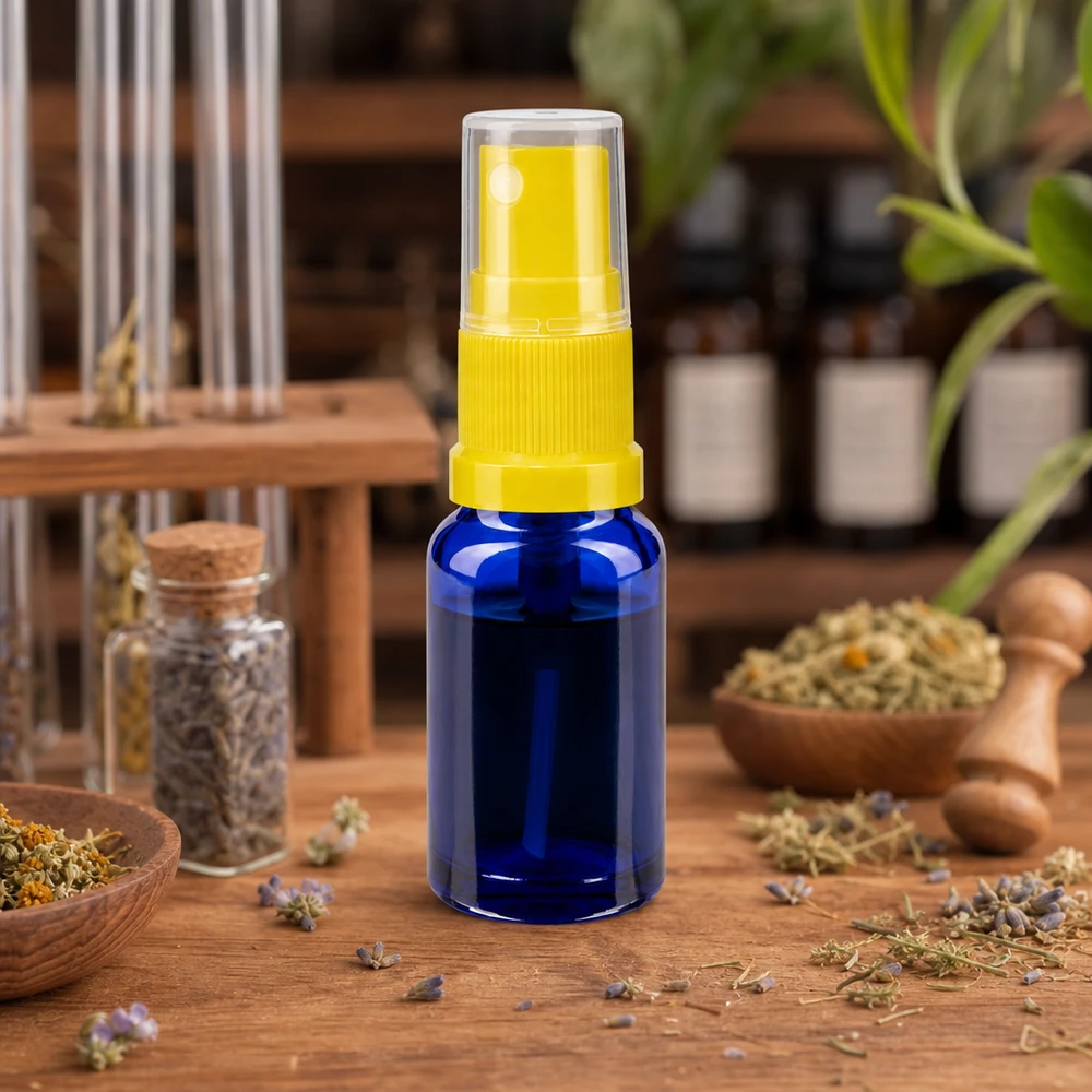 Flacon de pharmacie bleu de 30 ml muni d'un vaporisateur jaune, au milieu d'herbes séchées et de plantes médicinales