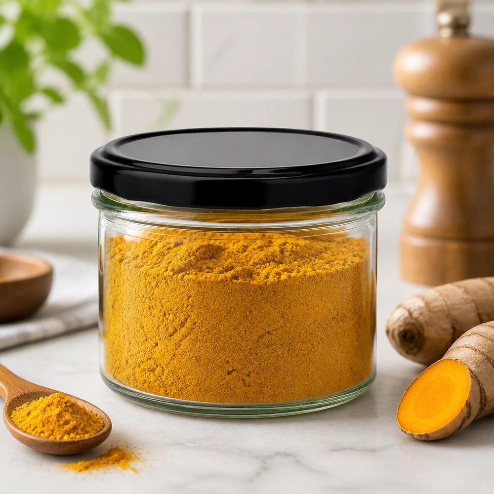 225ml Verre conique avec couvercle BasicSeal noir UNiTWIST Bocal de 225 ml avec couvercle noir rempli de poudre de curcuma - Conservation des épices dans la cuisine