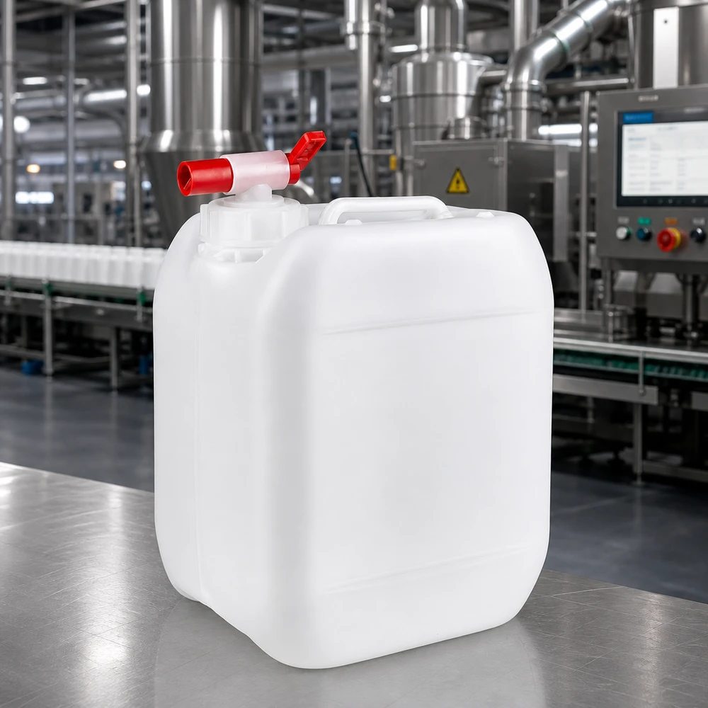 Bidon compact de 5 litres avec poignée de transport intégrée et robinet de vidange rouge, destiné à un usage industriel