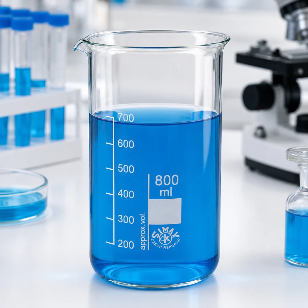 Bécher vide de 800 ml, de forme haute, en verre borosilicaté, contenant un liquide bleu, dans un laboratoire