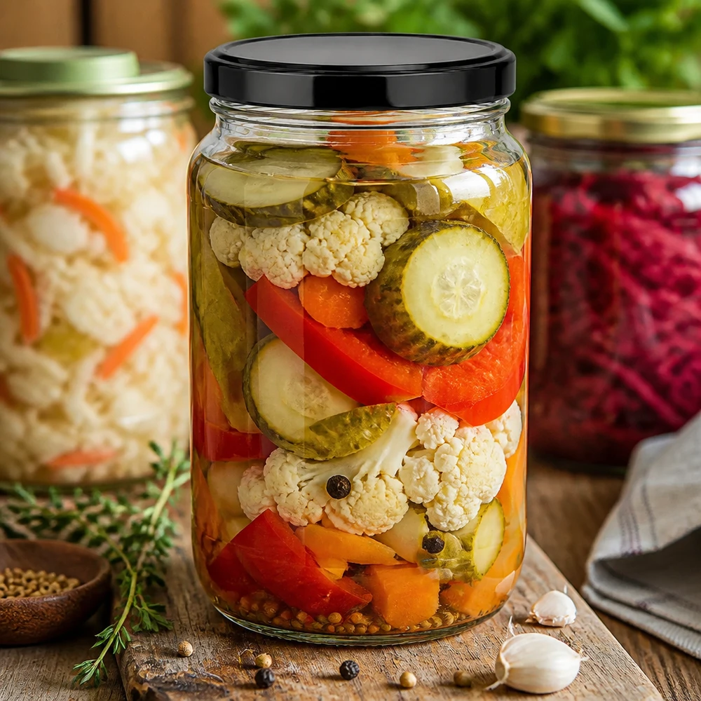 1700ml Verre rond avec couvercle BasicSeal noir UNiTWIST Légumes mixtes marinés en bocal rond de 1700ml avec couvercle noir BasicSeal utilisation pratique Bocal de conservation
