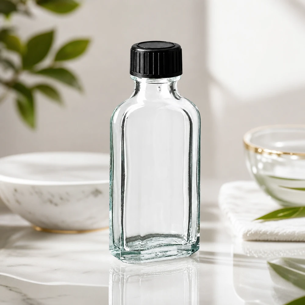 Flacon rectangulaire en verre de 50 ml, transparent « Meplat », avec bouchon à vis noir, posé sur une surface en marbre