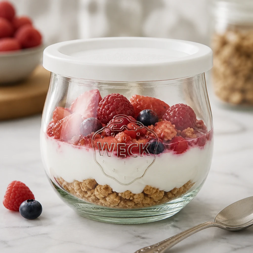 WECK Pot tulipe 370ml comme coupe à dessert remplie de yaourt et de baies, couvercle fraîcheur blanc RR80 visible