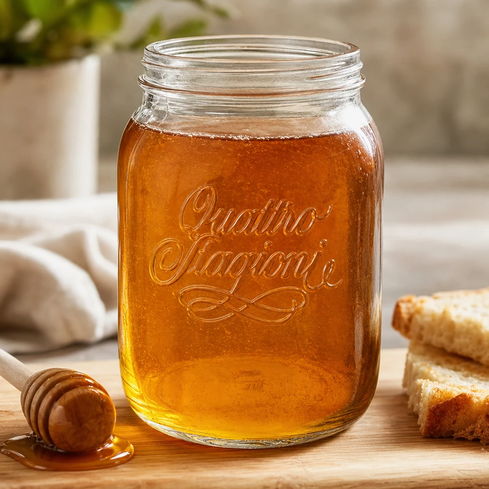 Quattro Stagioni 2000ml Pot ménager rempli de miel sur planche en bois avec cuillère à miel et alvéoles