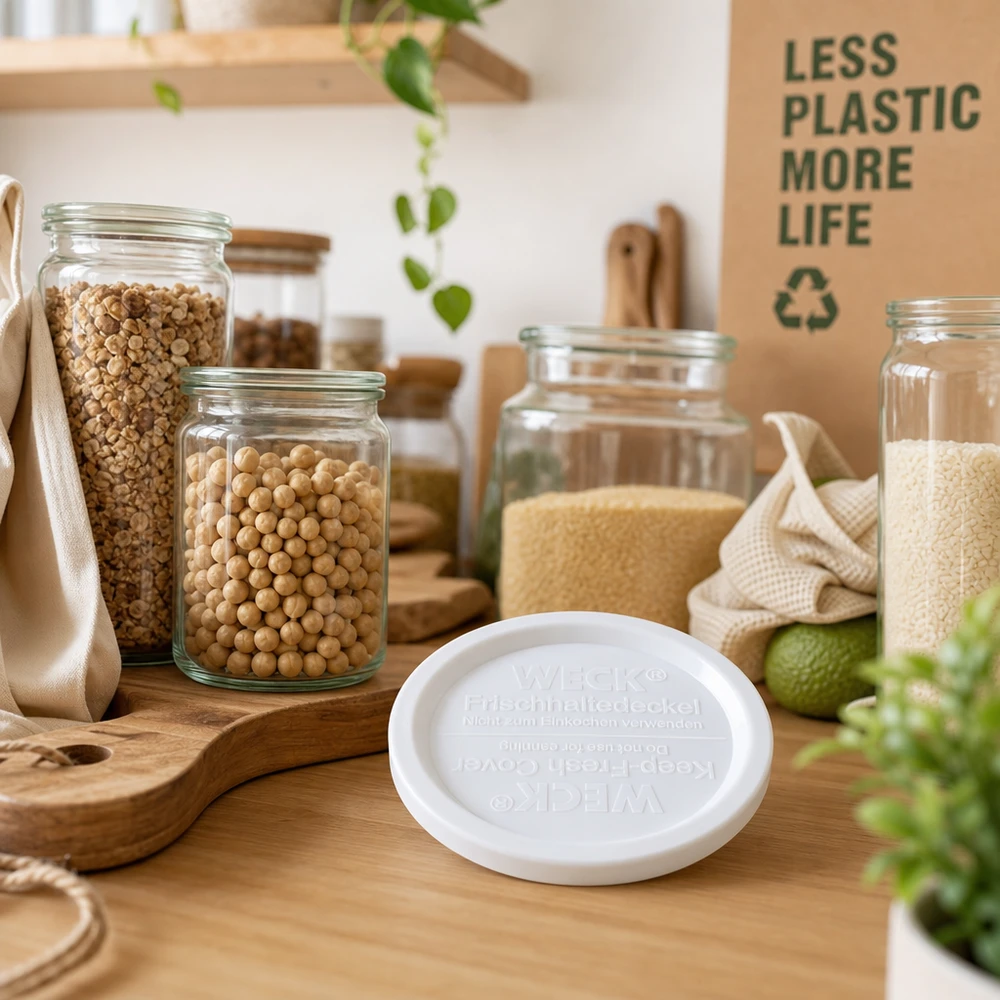 WECK REX Couvercle de conservation des aliments frais RR120 blanc dans une cuisine durable zéro déchet avec bocaux à provisions et ustensiles en bois