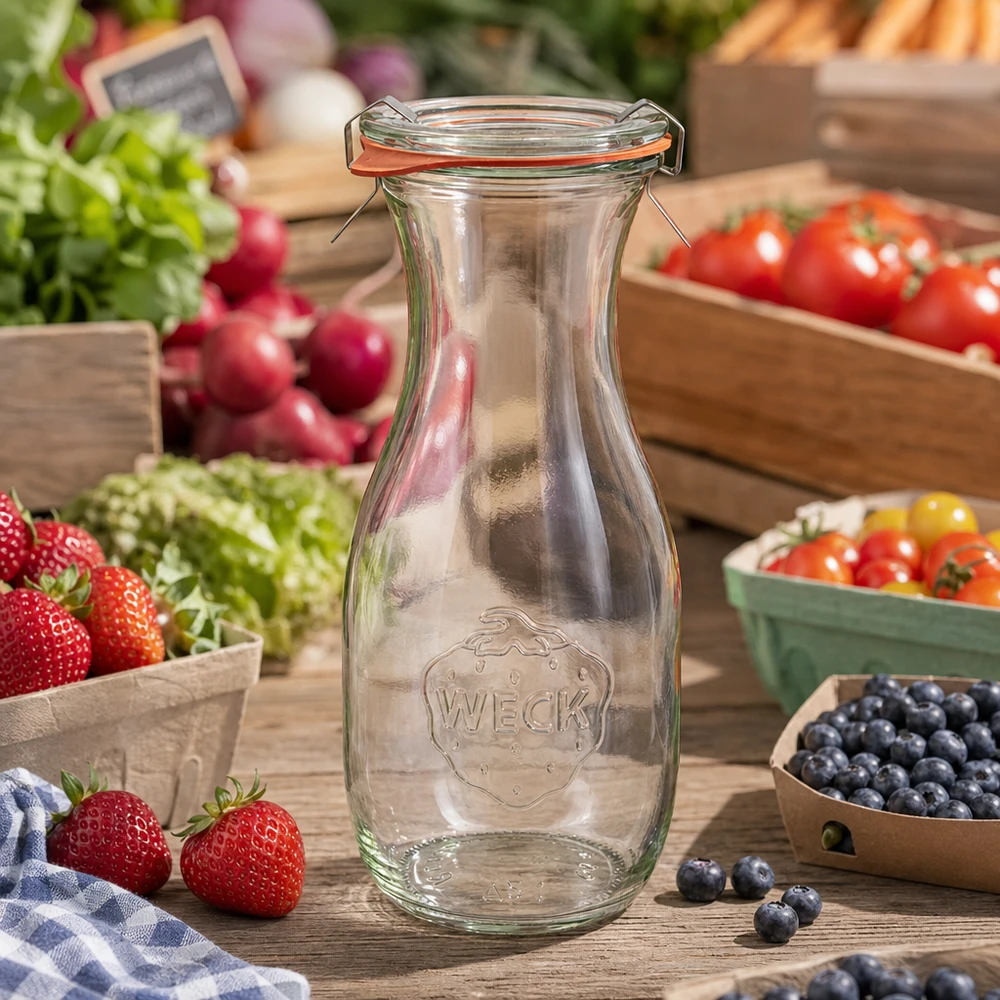 WECK Bouteille de jus 530ml RR60 vide avec fermeture à étrier entre des fruits et légumes frais sur une table en bois